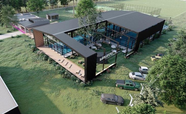 Render de un club de pádel con canchas techadas